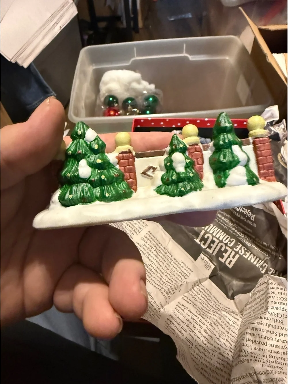 Vintage Ceramic Christmas Holiday Decoration with Snowy Trees and Brick Fence